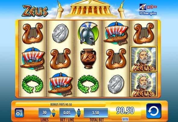 An in-game view of reels in the Zeus slot from Scientific Games