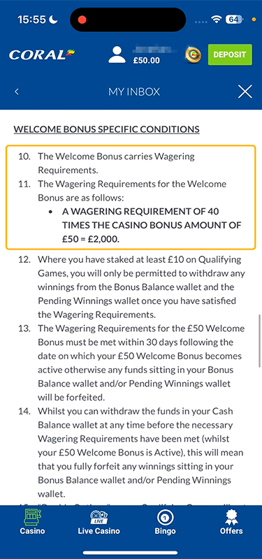 The Wagering Requirements in the Bonus Terms of Coral