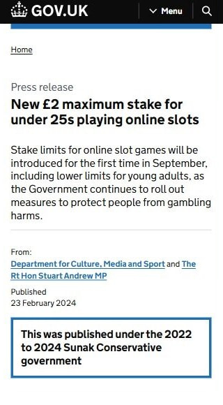 UK Government Announces Stake Restrictions for Online Slots