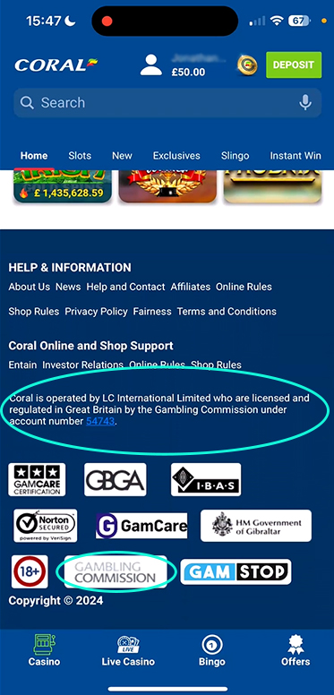 The Licence Info on the Coral Website Footer