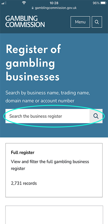 The UK Gambling Commission's Business Register Page