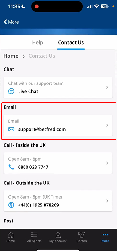 The Support Email of Betfred