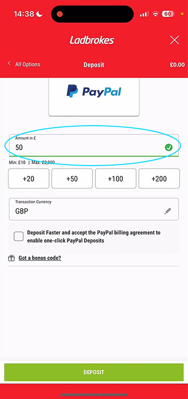 Entering Deposit Amount at Ladbrokes