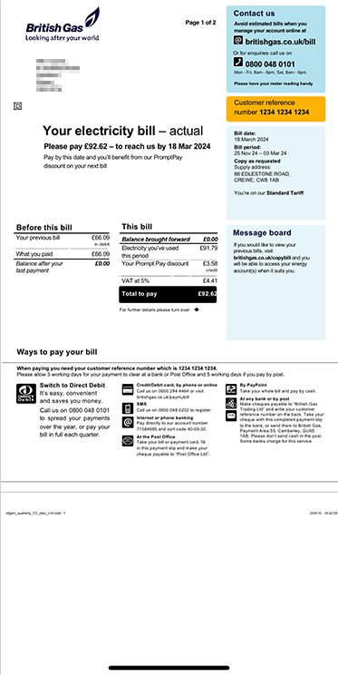 Screenshot of a Utility Bill