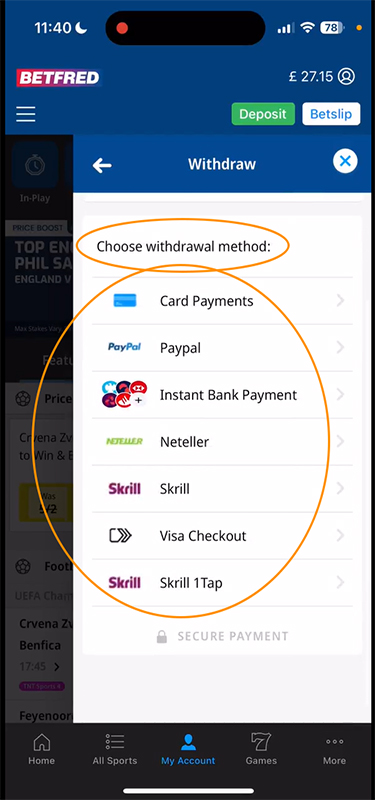 The Withdrawal Method Selection at Betfred