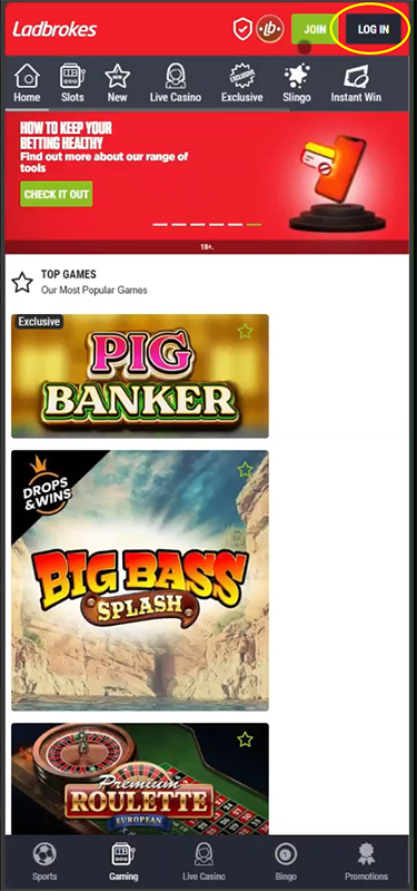 The Login Page of Ladbrokes