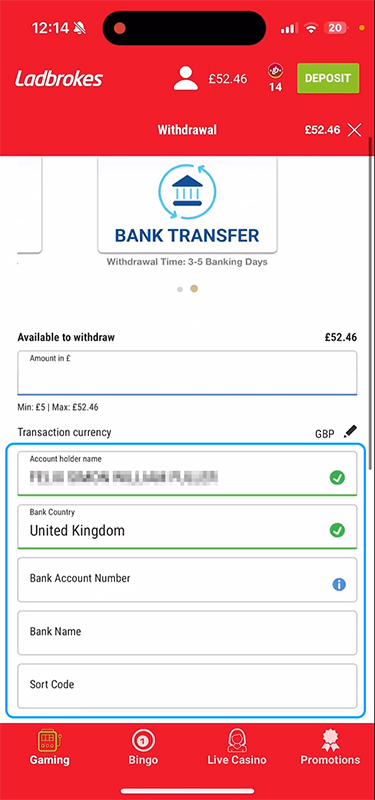 Payment Name info Required at Ladbrokes