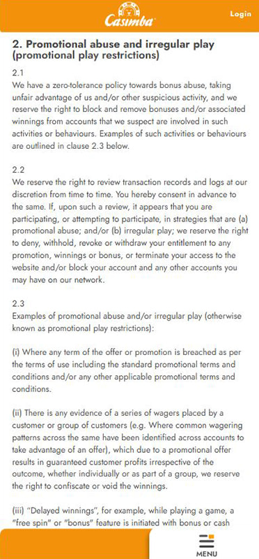 Screenshot of Casimba's promotional abuse and irregular play terms.