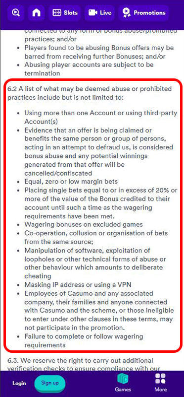 Screenshot of Casumo's terms related to irregular betting behaviour.