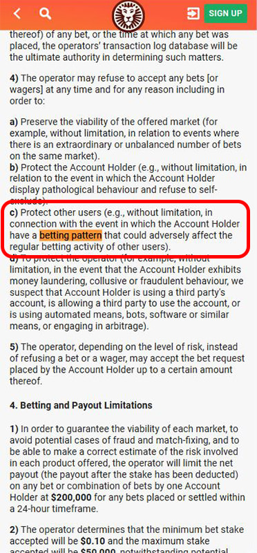 Screenshot of LeoVegas Terms and Conditions on unusual betting patterns.