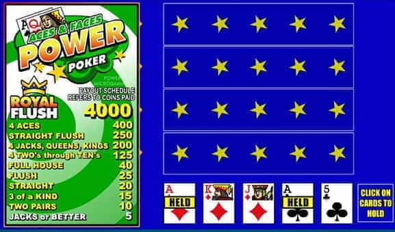 The simple layout of Microgaming’s Aces and Faces Power Poker video poker game.