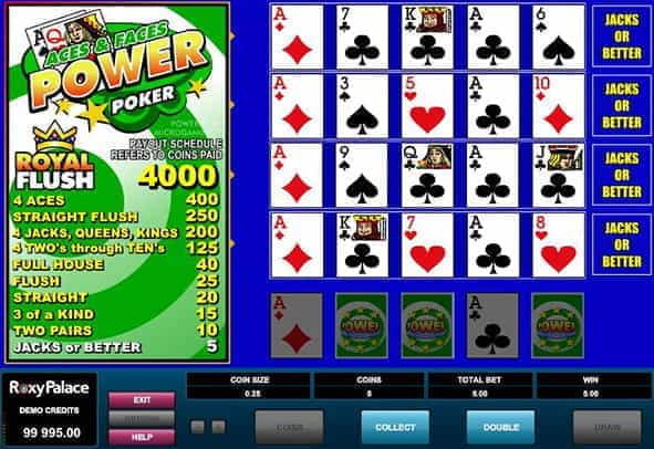 A winning hand in Microgaming’s Aces and Faces Power Poker video poker game.