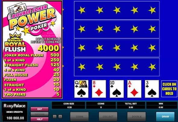The Double Joker Power Poker video poker game, developed by Microgaming.