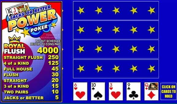 The simple layout of the Jacks or Better Power video poker game from Microgaming