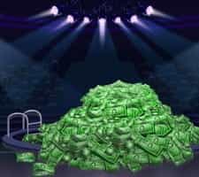 A large pile of money in a swimming pool.