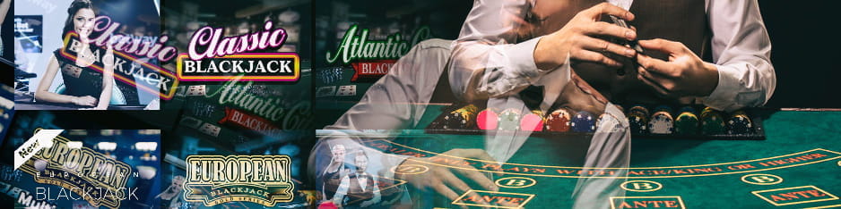 O femeie cu jetoane câștigătoare pe o masă de ruletă, lângă un colaj de diferite imagini promoționale de jocuri de cazino.