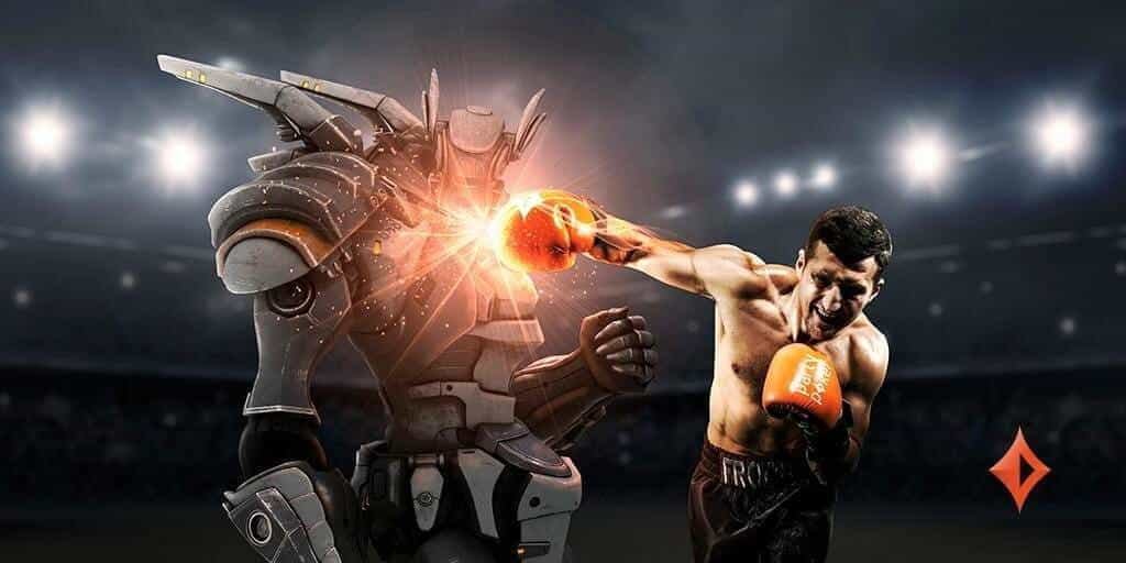 A boxer wearing partypoker-branded gloves, punches a robot.