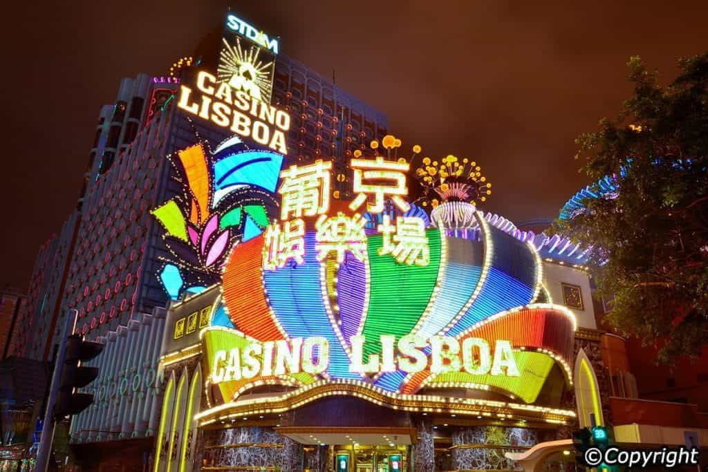 The neon lights of the Casino Lisboa, in Macau.