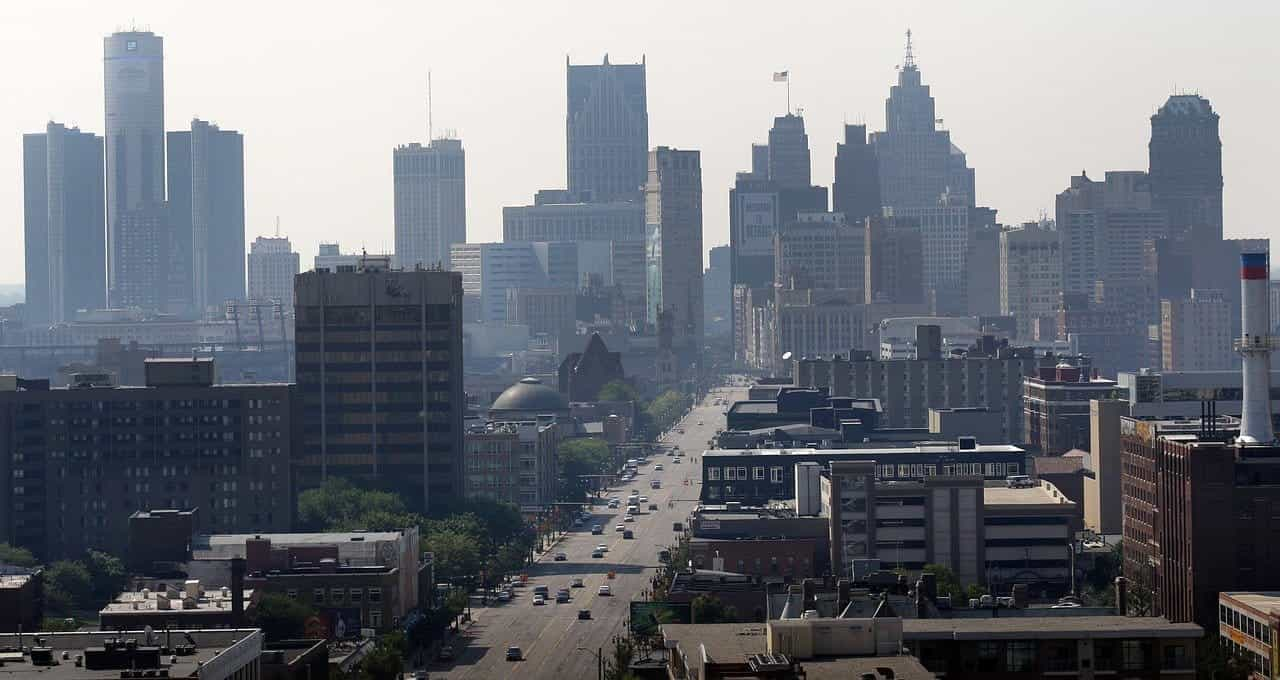 Detroit city skyscrapers skyline.