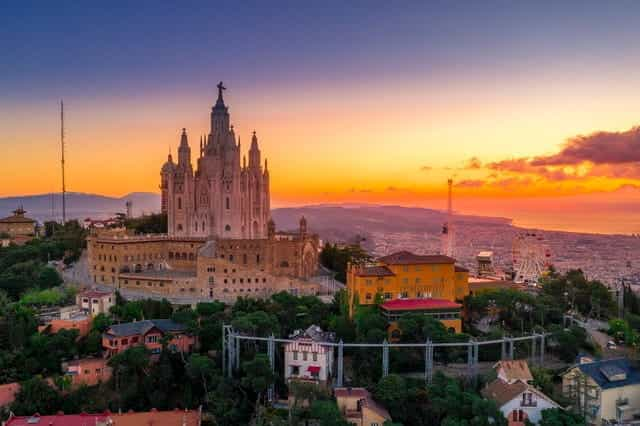 Sunset over the skyline in Barcelona, Spain.