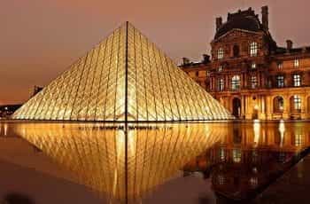 The glass pyramid outside the Louvre in Paris.