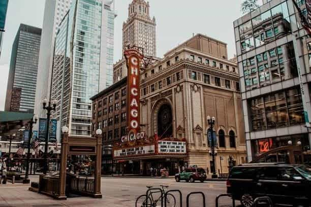 A theater marquee saying CHICAGO in downtown Chicago, Illinois, US.