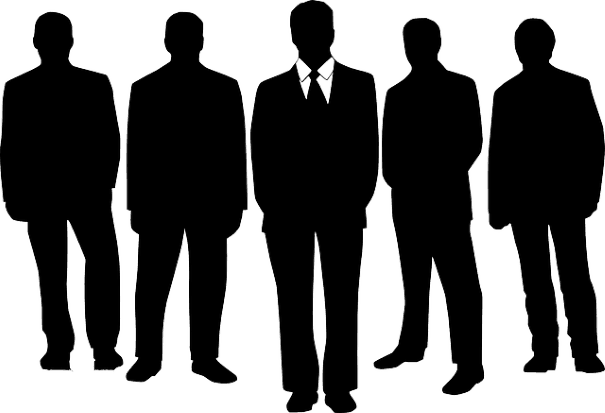 Silhouettes of five men in suits holding executive positions at a company.