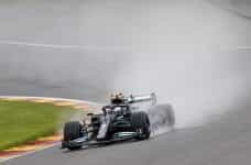 Mercedes F1 car on a wet Spa circuit.