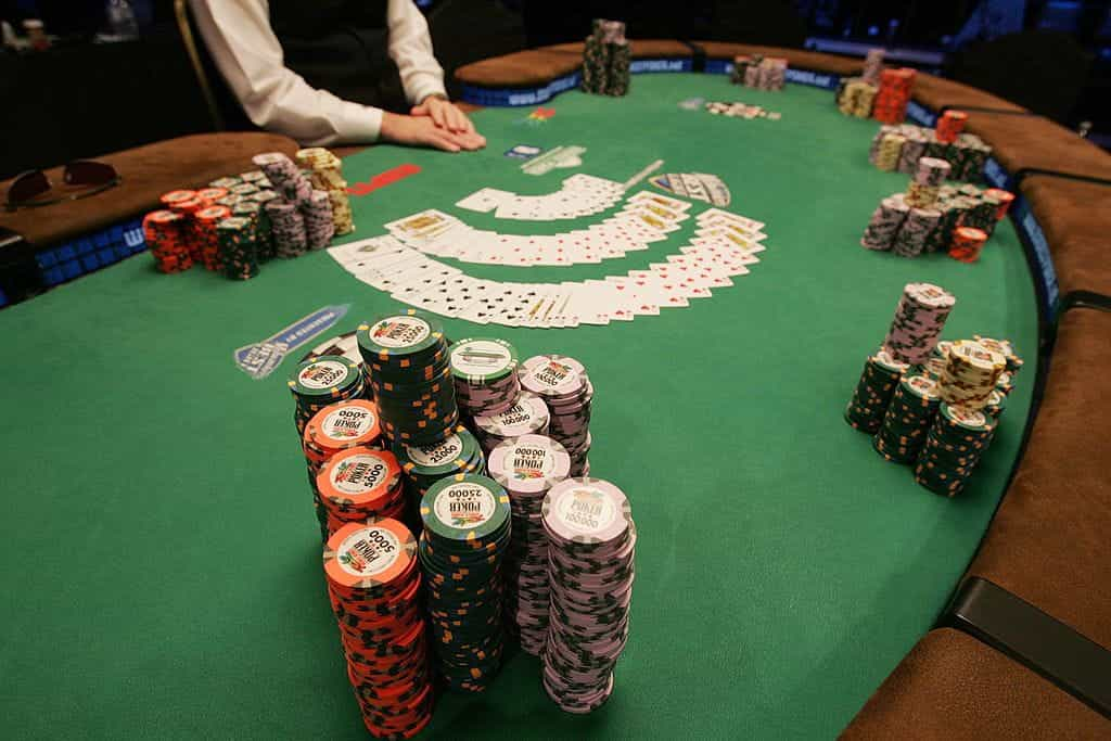 Chips and cards on a World Series of Poker table.