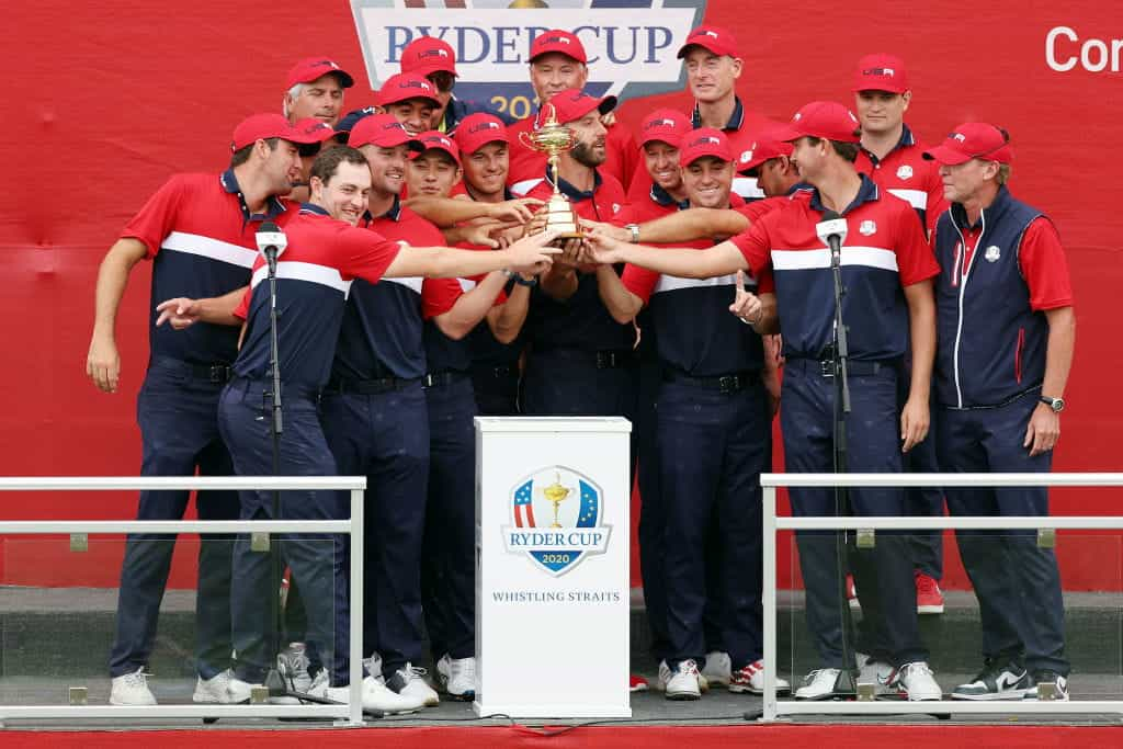 The USA’s Ryder Cup winning team celebrate their victory.