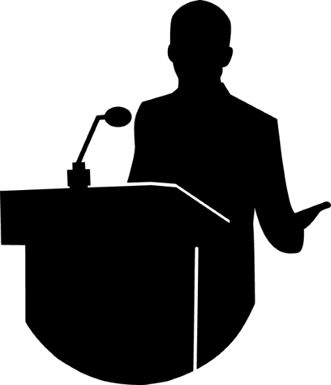 A black silhouette of an ambassador standing at a podium and speaking into a microphone.