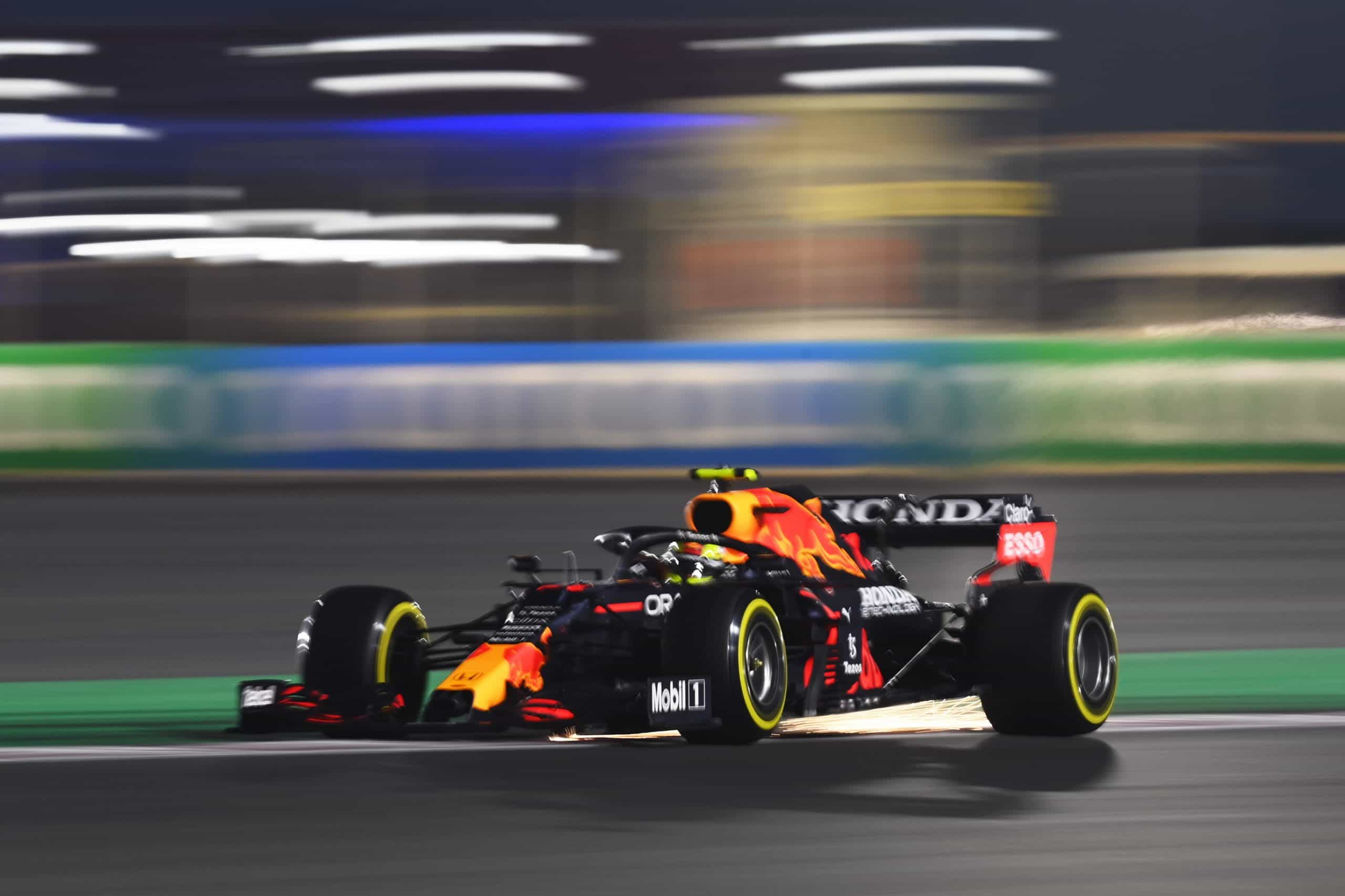 A Red Bull F1 car leaving the pits during the Qatar 2021 race weekend.