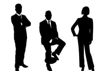 Three silhouetted figures in corporate business attire.