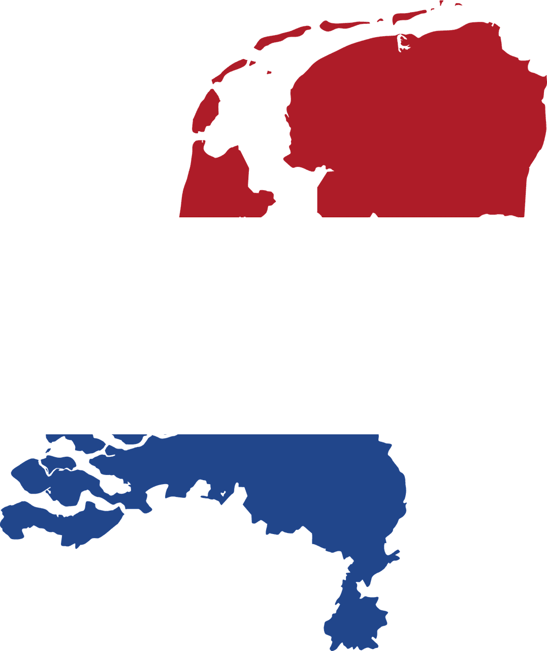 Outline map of Netherlands colored as the flag red, white and blue