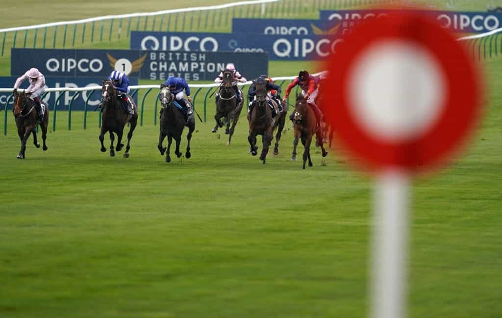 Racing action at the QIPCO Guineas Festival staged at Newmarket in 2019.