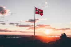 The flag of Norway at Sunset.