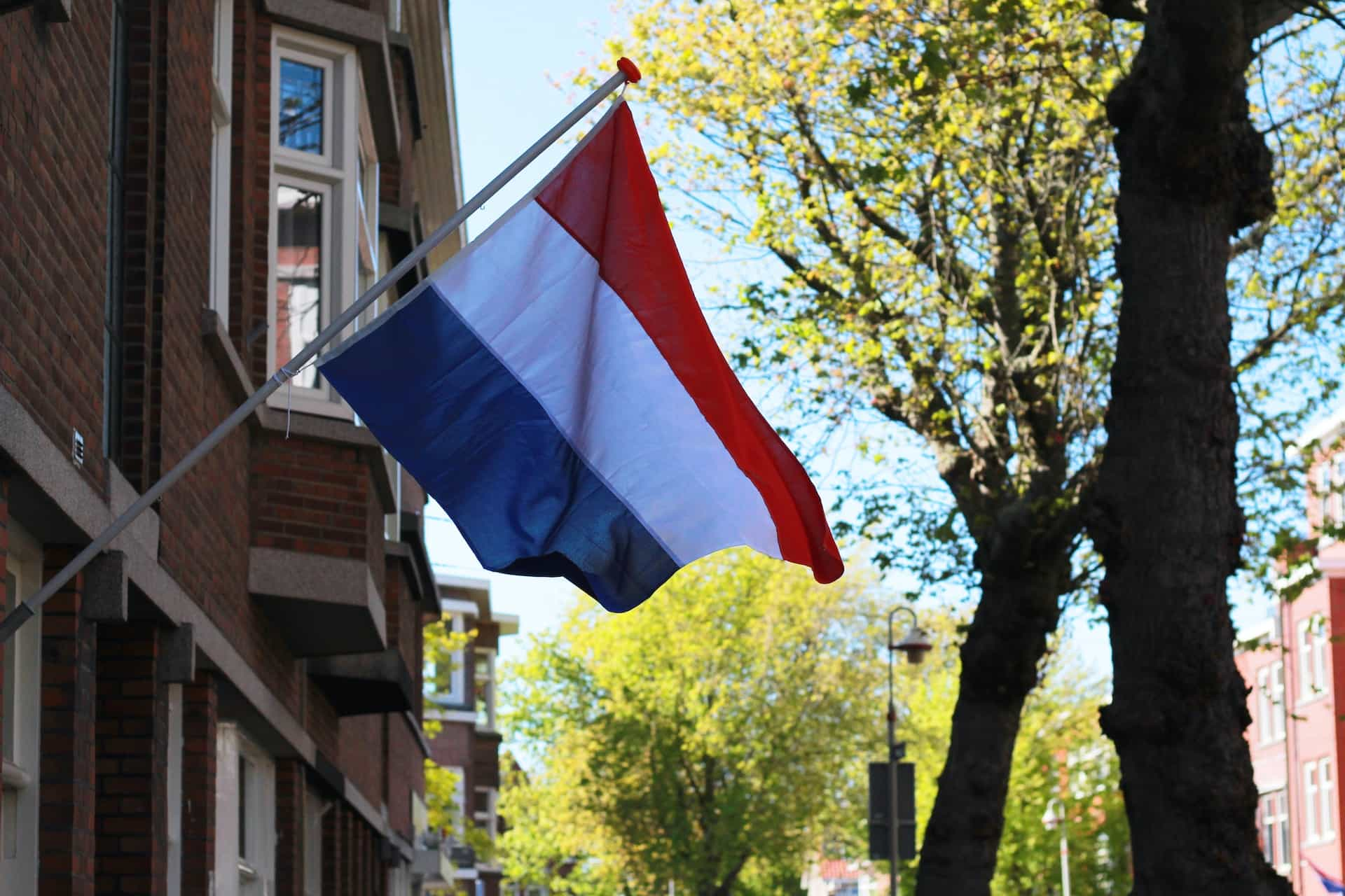 A blue white and red flag on a house near a tree.