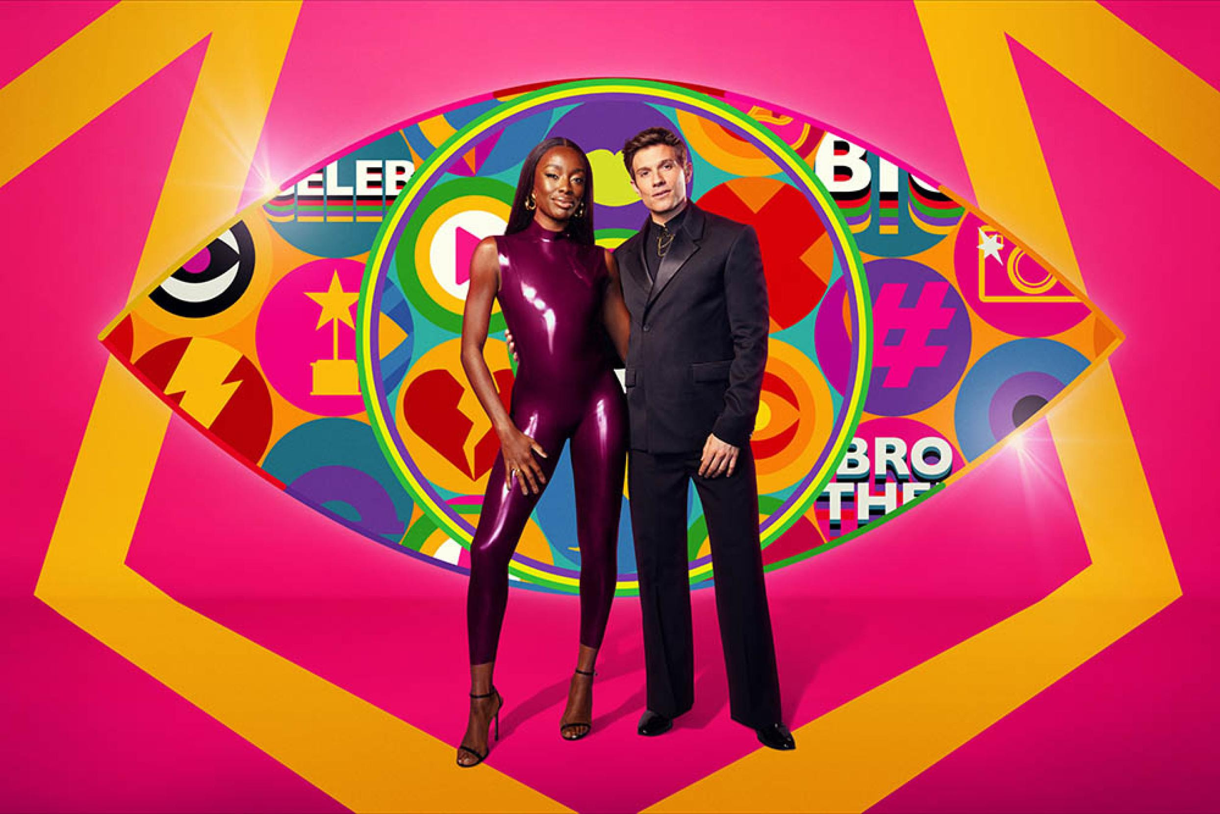 AJ Odudu and Will Best standing before the 2024 Celebrity Big Brother logo.