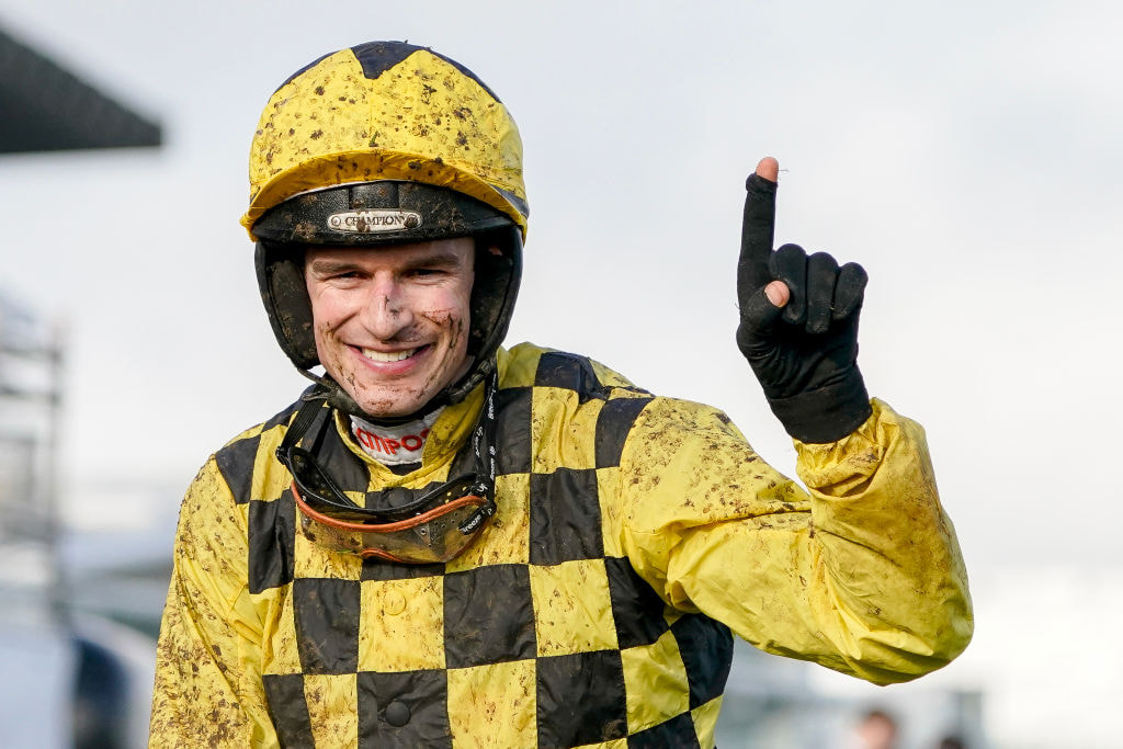 Danny Mullins celebrates victory on Dancing City at Leopardstown Racecourse.