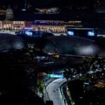 Singapore’s Formula 1 circuit seen from above after dark.