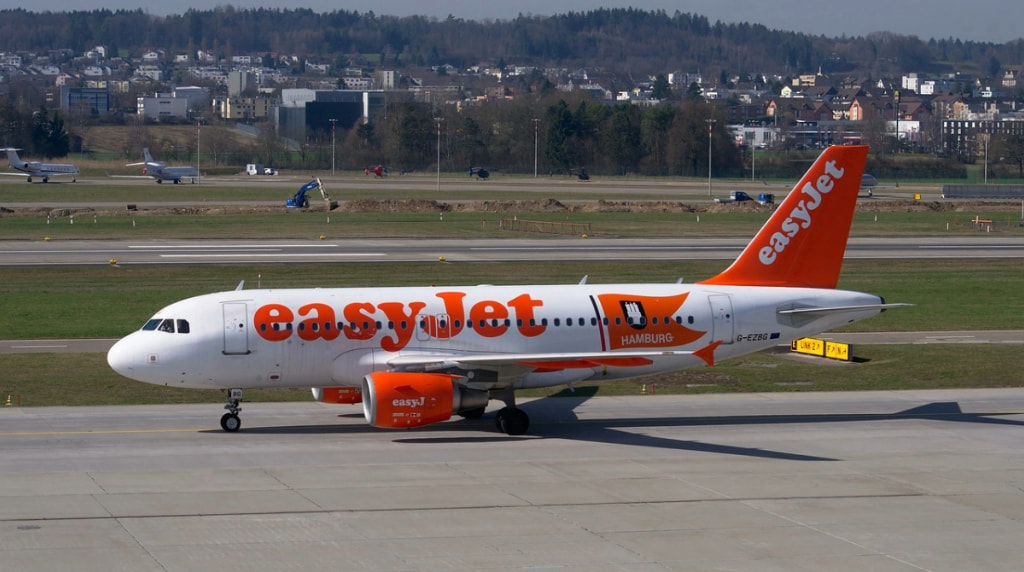 An Image Showing an EasyJet Aeroplane on the Runway of an Airport.