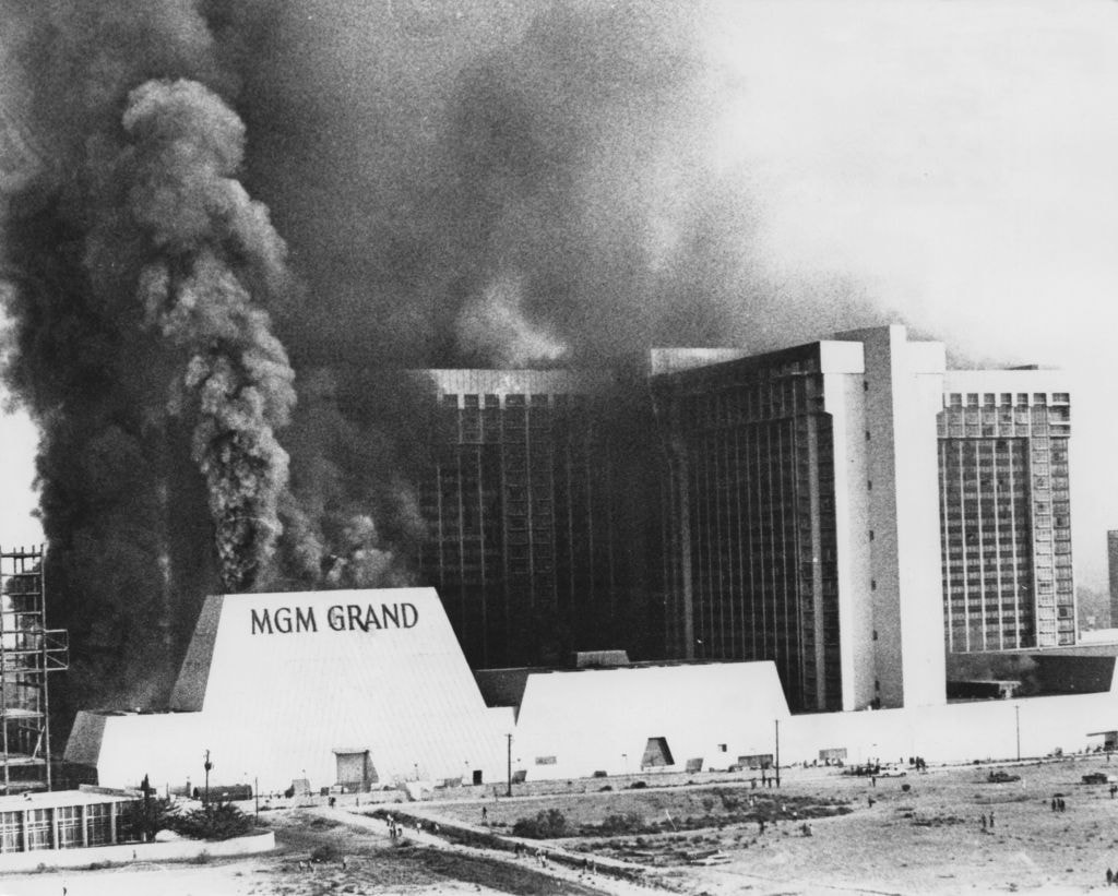 Smoke pours from Las Vegas’ MGM Grand Hotel during a deadly 1980 fire.