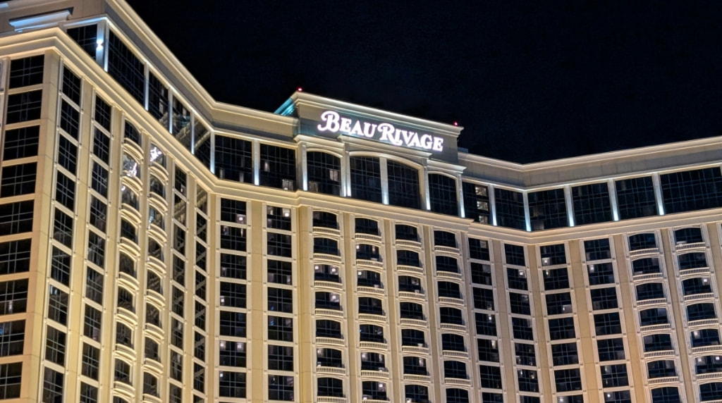 Exterior of the Beau Rivage Casino at night