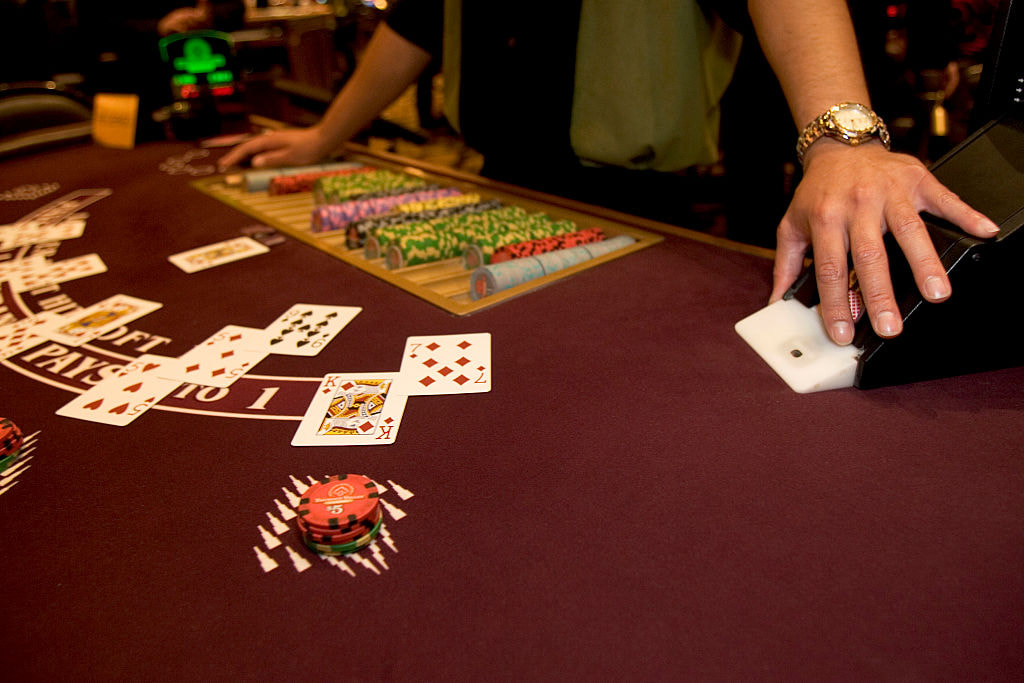 Action at a live casino blackjack table.  