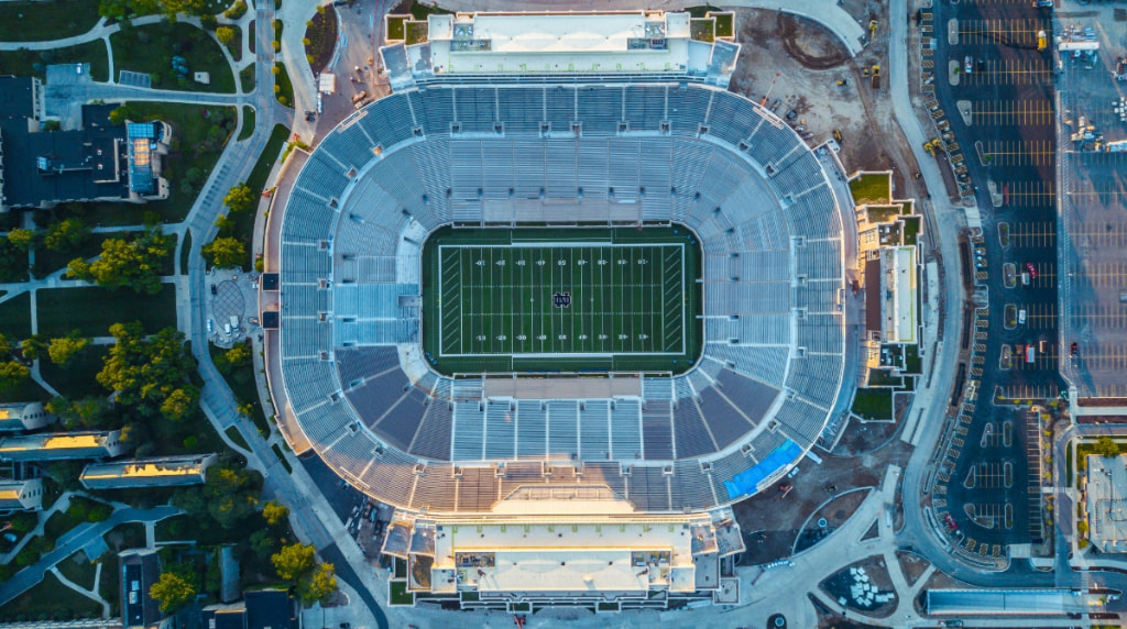 Bird's eye view of college football stadium