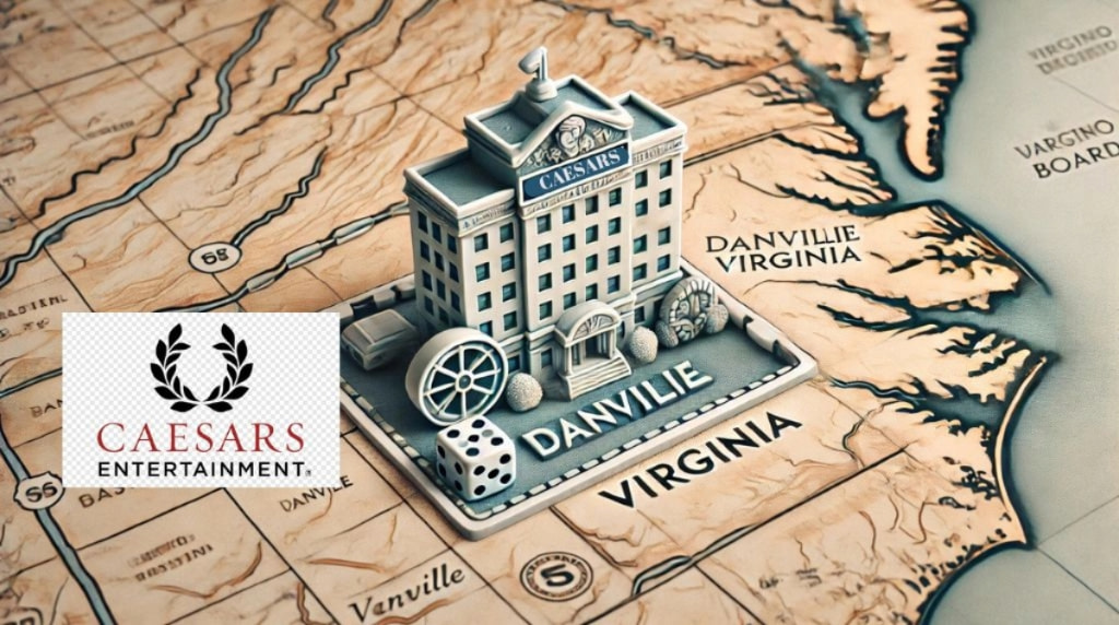 A Map of Virginia with a Danville building being branded to Caesars