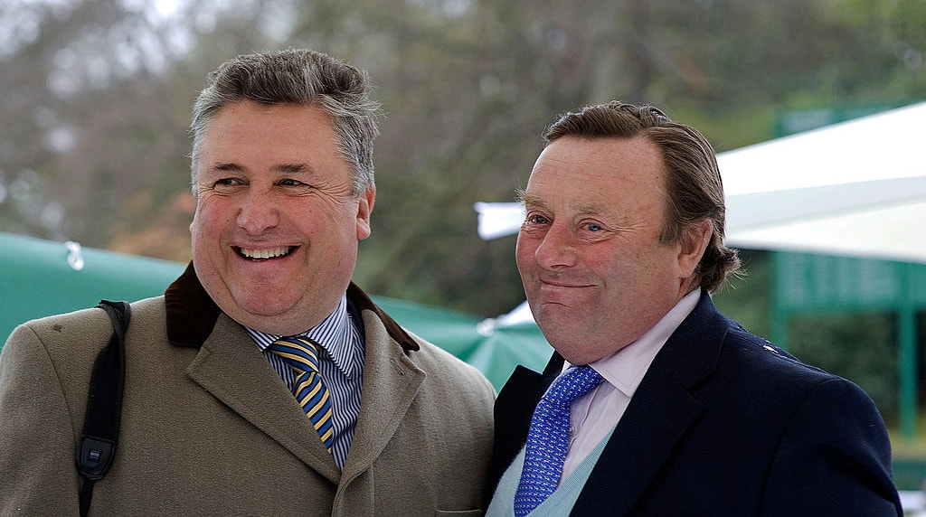 Paul Nicholls (left) and Nicky Henderson pose at Sandown Racecourse in 2012.