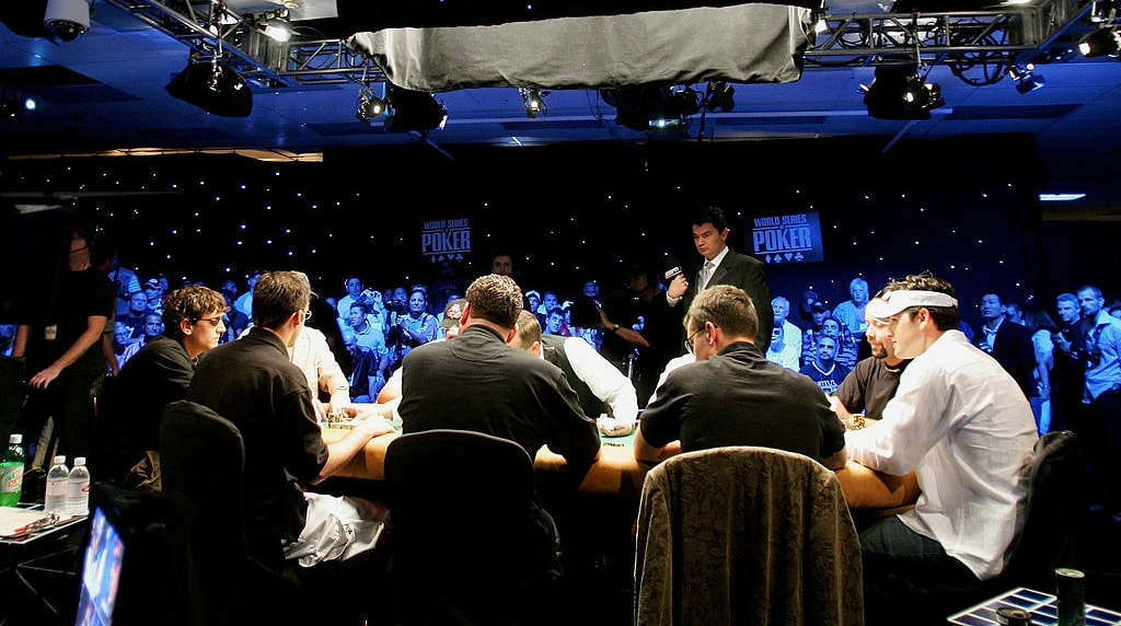 Players compete at the final table of the 2005 World Series of Poker Main Event.