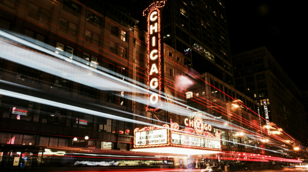 Bustling Chicago street at night