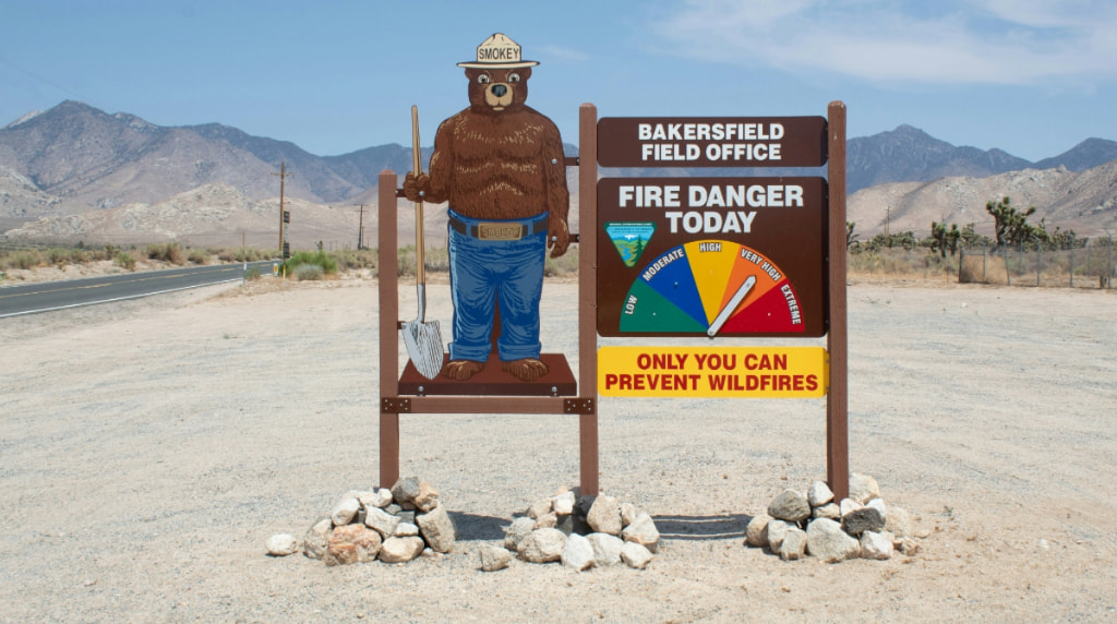 Smokey the Bear holding a fire warning sign